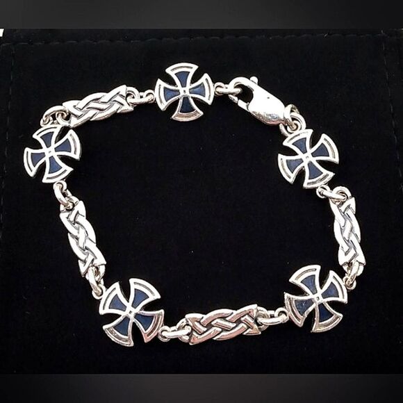 Maltese Cross 925 Jewelry - Sterling Silver 925 Maltese Cross  Blue Enamel Bracelet Vintage